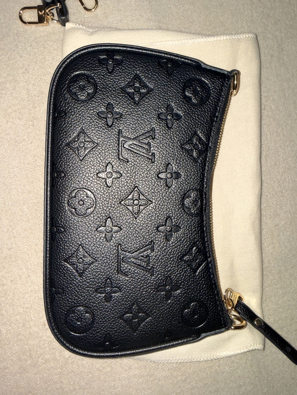 LV Black Monogram Embossed Mini Pochette with Gold Zipper